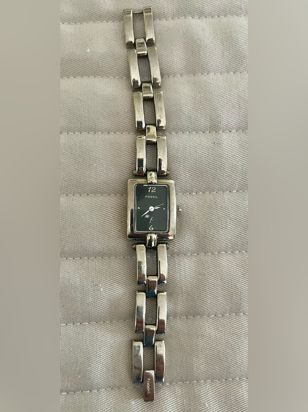 Fossil Silver Women's Rectangular Link Watch with Black Dial